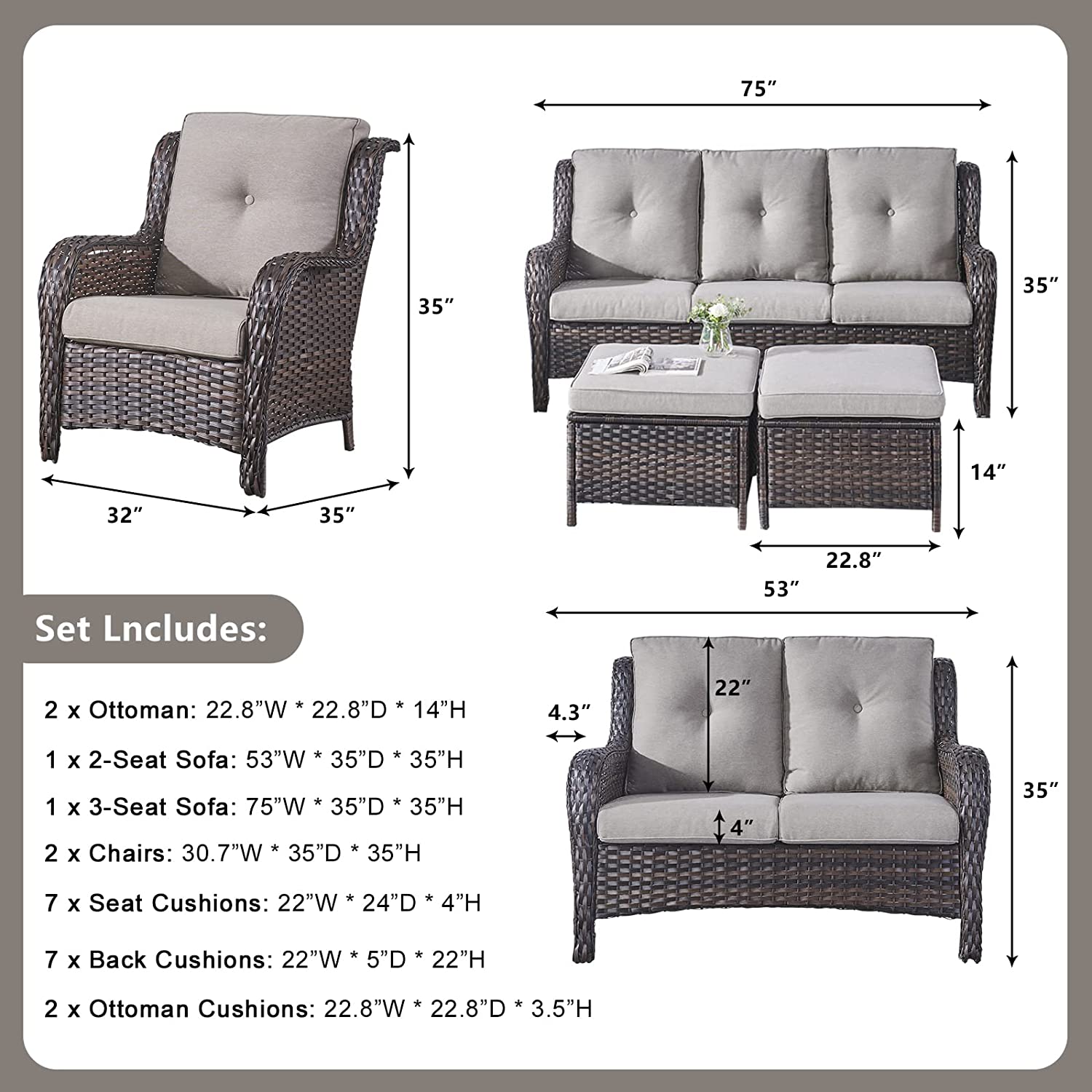5 Piece Patio Rattan Sectional Sofa Set with 3-Seat Couch 2 Armchairs 2 Ottoman Footrests M429324