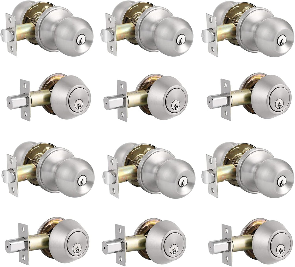 2 Pack Entry Door Knobs with Double Cylinder Deadbolt, Satin Nickel Finish Q258