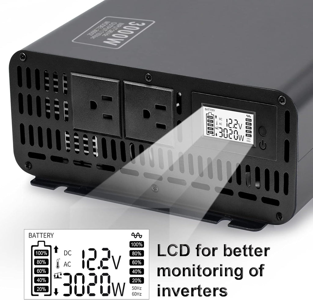 3000W Peak 6000W Pure Sine Wave Power Inverter DC 12V to AC 120V with 2 AC Outlets LCD Display O2096