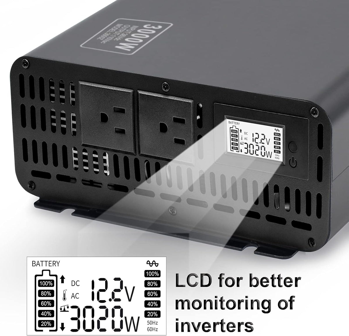 3000W Peak 6000W Pure Sine Wave Power Inverter DC 12V to AC 120V with 2 AC Outlets LCD Display O2096