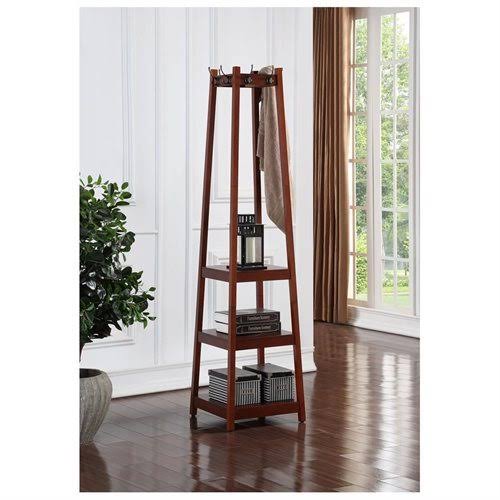 Walnut Finish Wooden Coat Hat Rack with 3 Tier Shelves T9241