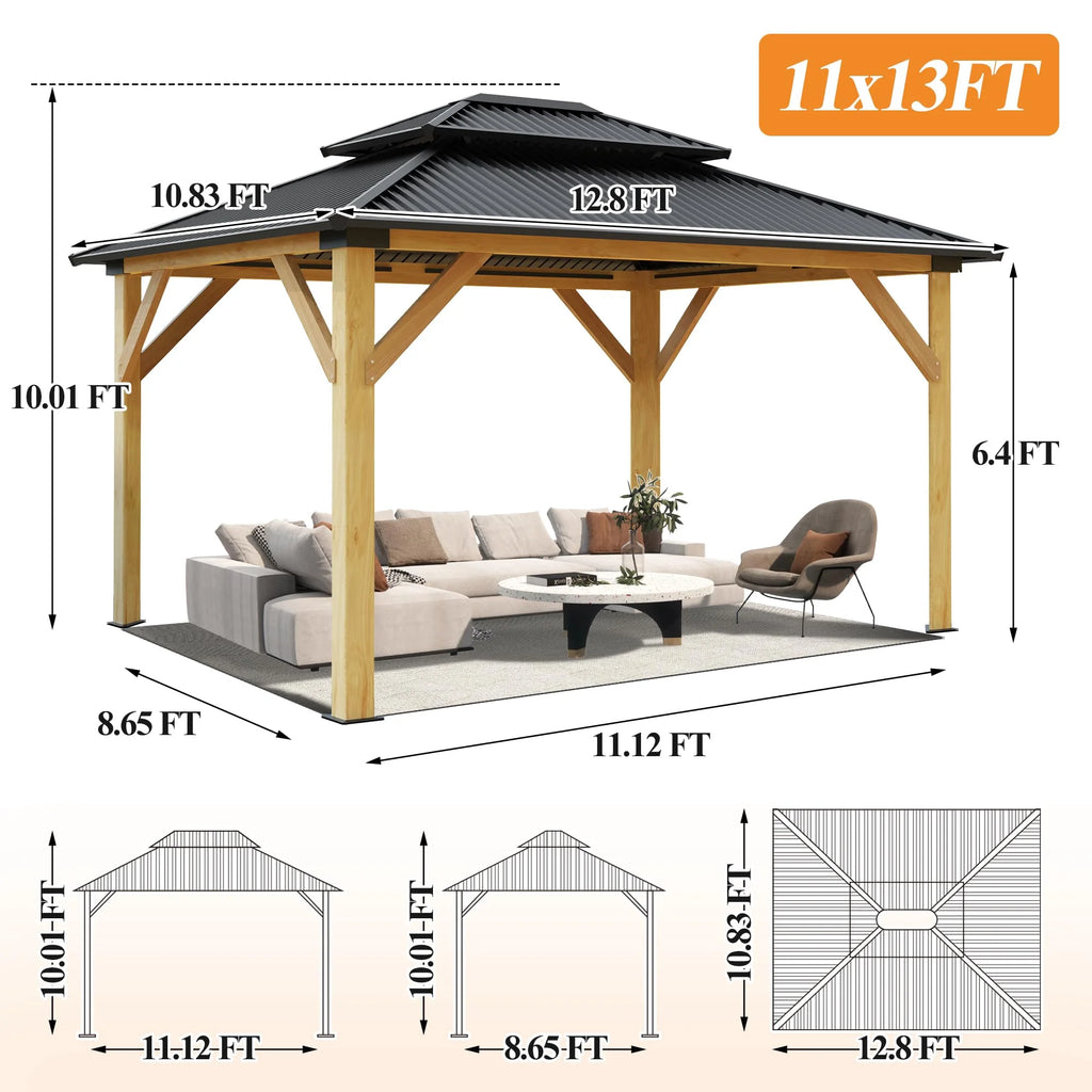 11’x13’ Outdoor Wooden Gazebo with Double Vented Roof U735