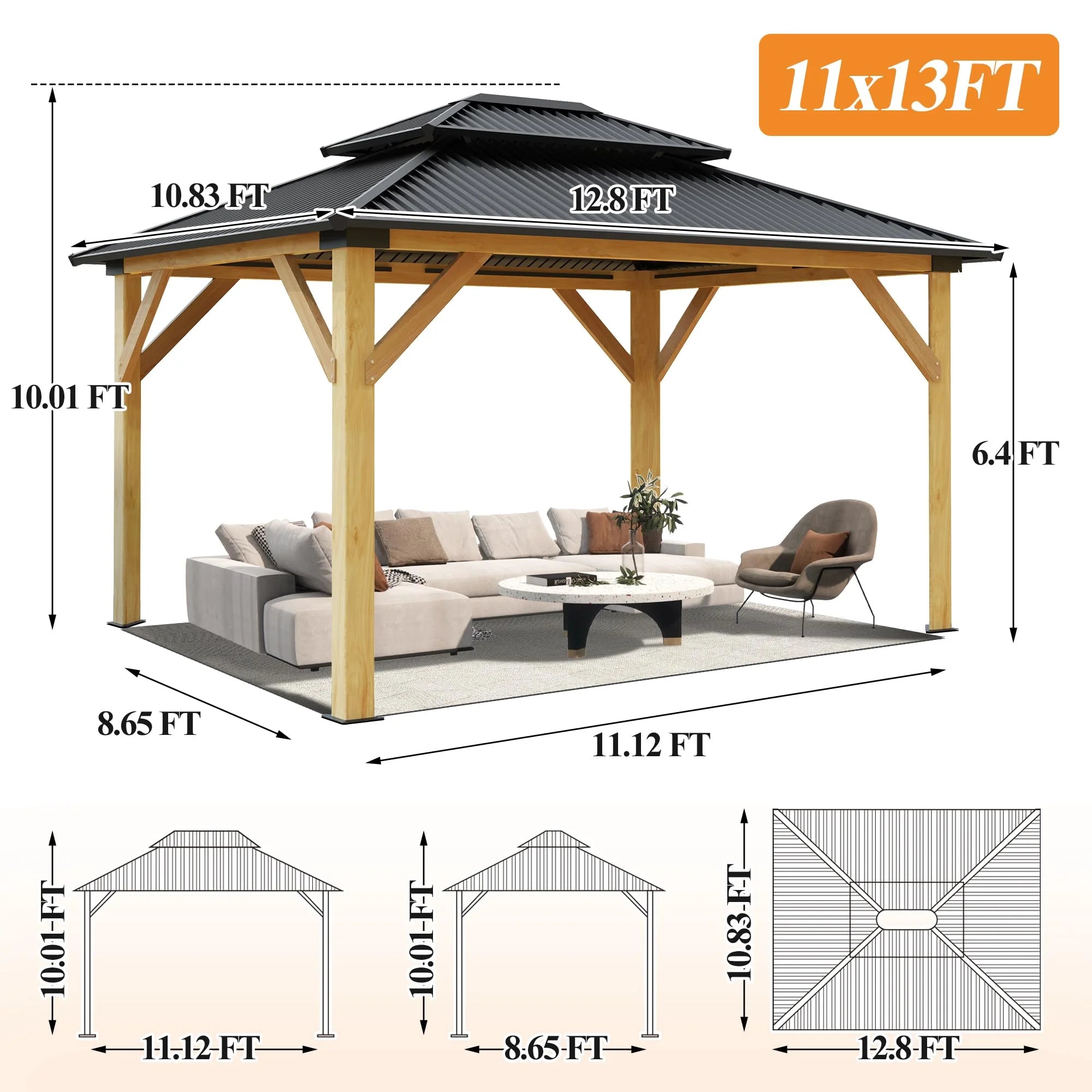 11’x13’ Outdoor Wooden Gazebo with Double Vented Roof U735