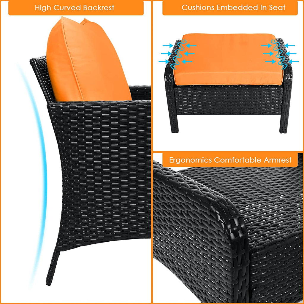 5 Pieces PE Rattan Wicker Outdoor Cushioned Lounge Chairs Set with Ottomans and Glass Table J831
