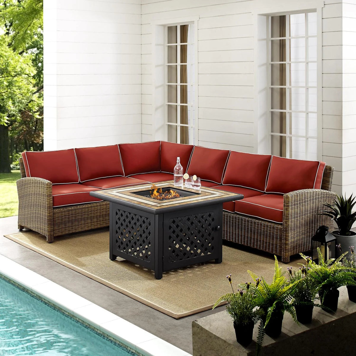 5Pc Outdoor Wicker Sectional Set with Glass Top Coffee Table F2438