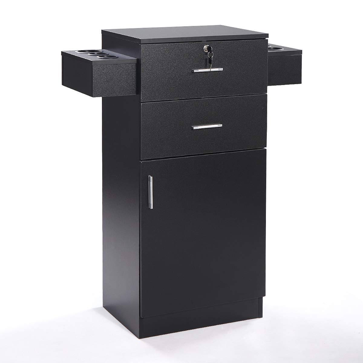 Black Locking Salon Storage Cabinet Stylist Station with Hair Dryer Holder Drawer O706